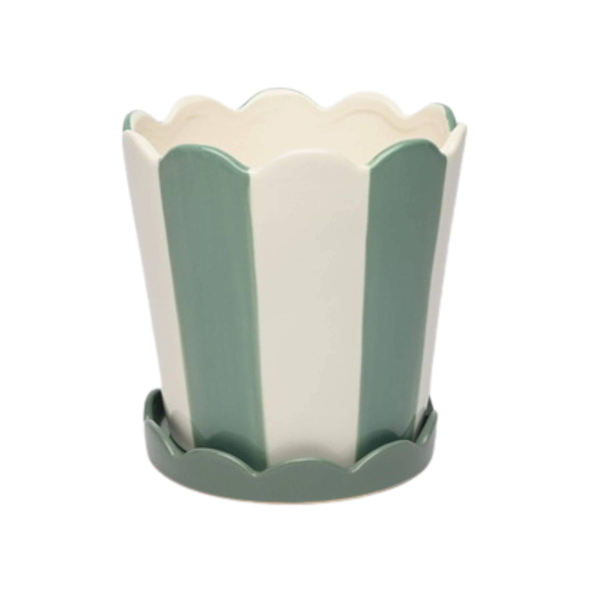 Large White & Blue Pot w/ Scalloped Saucer