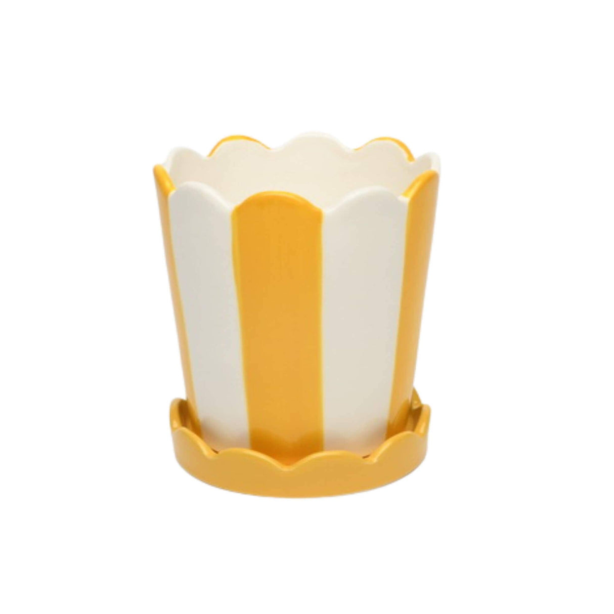 Small White & Yellow Pot w/ Scalloped Saucer