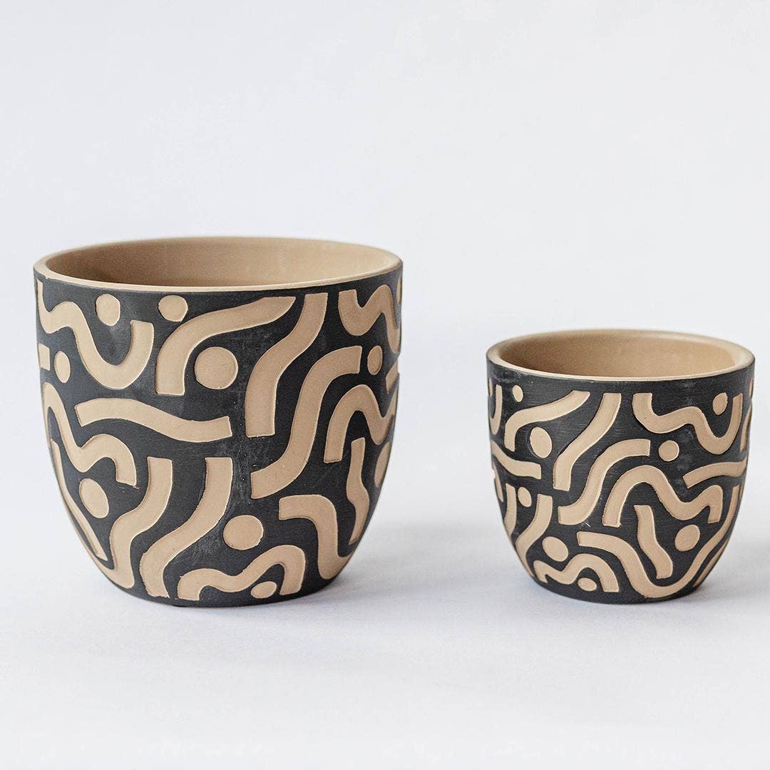 Terracotta Black Pot with Aztec Inspired Design