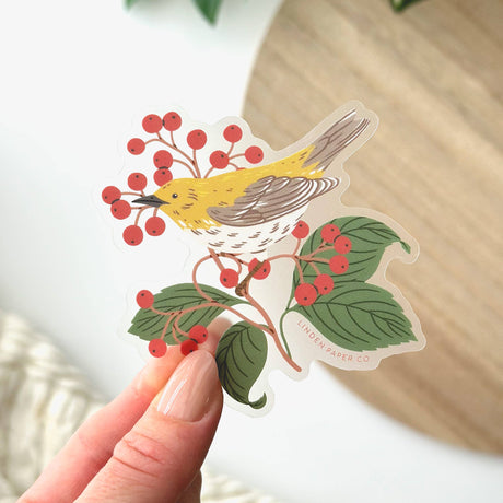 Warbler and Berries Clear Vinyl Sticker
