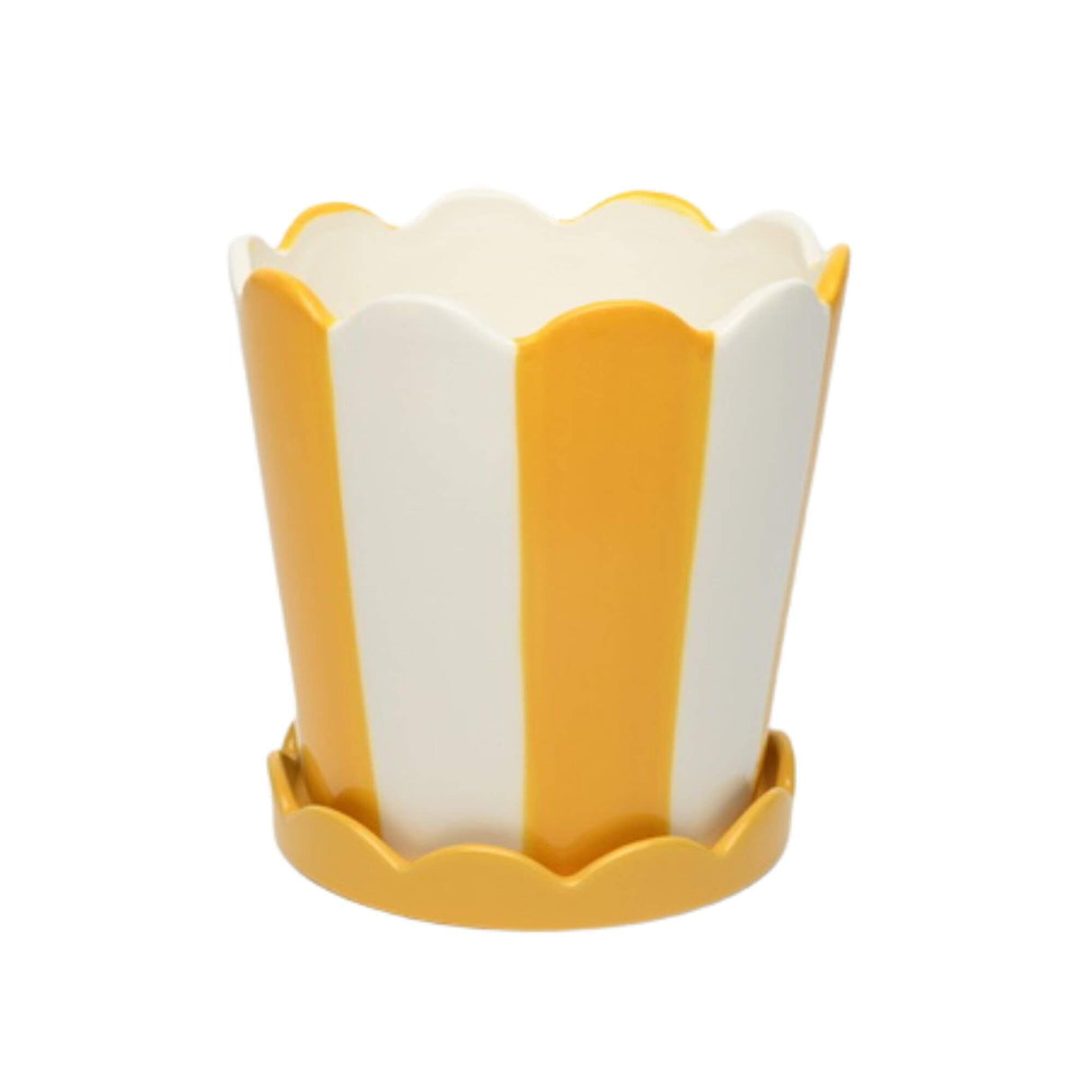 Large White & Yellow Pot w/ Scalloped Saucer
