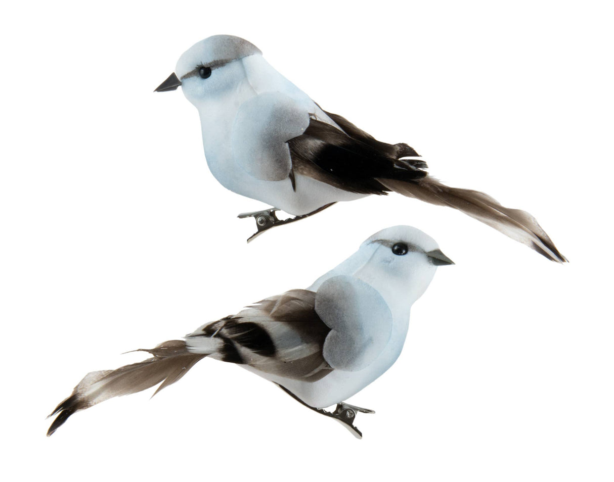 4.5" Grey & White Feather Clip Bird