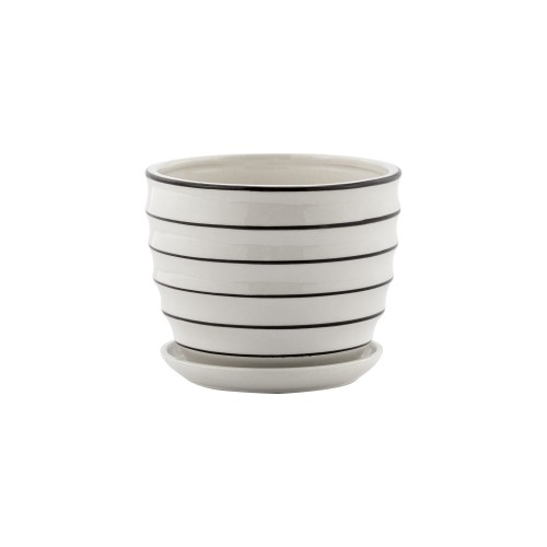 White with Black Ceramic Ribbed Pot w/Saucer