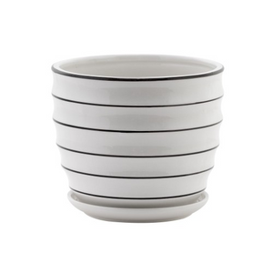 White with Black Ceramic Ribbed Pot w/Saucer